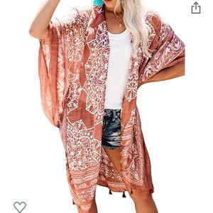 Burnt Orange and white print kimono/ cover-up